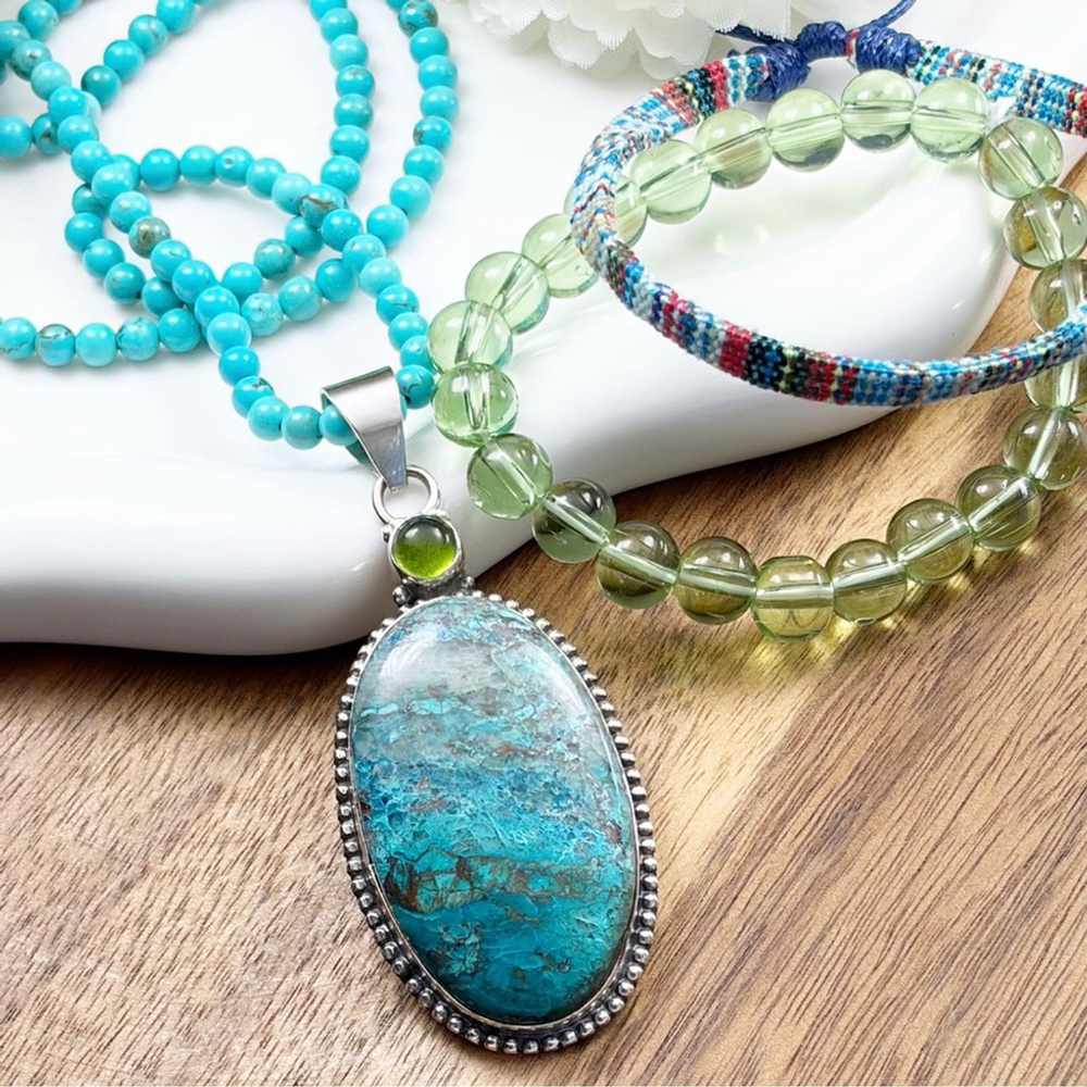 Peridot and Chrysocolla Long Pendant Jewelry Set Lot Turquoise Necklace 925 - Picture 1 of 9